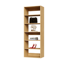 Natural oak 24 inch walk-in closet shelving for a shared master closet.