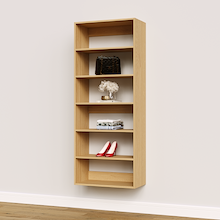 Natural oak 27 inch wardrobe shelving for upright bedroom closet organization.