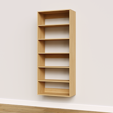 Natural oak 28.5 inch shelf tower used for custom mudroom and entryway storage.