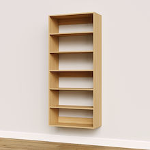 Natural oak 30 inch shelf tower used for luxury master suite storage.