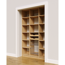 Two wood pull-out drawers and two pull-out wire baskets in 54 inch natural oak pantry shelving.