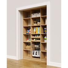 Natural oak 54 inch pantry racks with two wood drawers and two pull-out wire baskets.