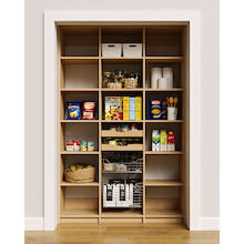 54 inch natural oak pantry shelves featuring layered wood pull-out drawers and pull-out wire baskets.