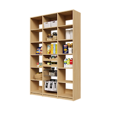 Natural Oak 54 inch pantry shelving with two wood pull-out drawers and two pull-out wire baskets.