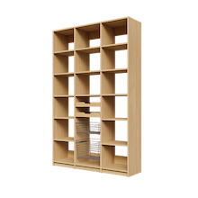 Two wood pull-out drawers and two pull-out wire baskets in a 54 inch natural oak reach in pantry.