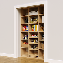 Natural oak 54 inch pantry racks for small reach in spaces.