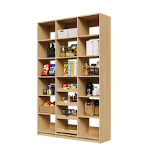 Natural Oak 54 inch pantry shelving with four sliding wood drawers.