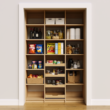 54 inch natural oak pantry shelves for organizing kitchen jars and snacks.