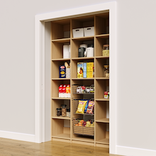 Natural oak 54 inch kitchen pantry racks for small reach in spaces.
