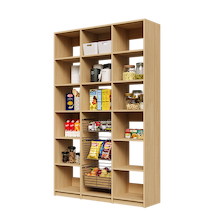 Natural Oak 54 inch pantry shelving with three sliding wire baskets.
