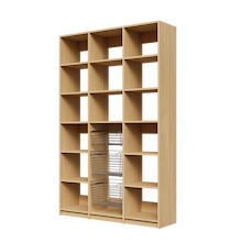 Three wire storage baskets in a 54 inch natural oak reach in pantry.