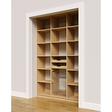 Two wood pull-out drawers and two pull-out wire baskets in 57 inch natural oak pantry shelving.
