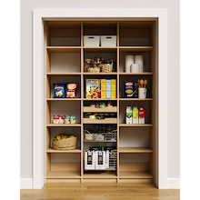 57 inch natural oak food storage shelves with mixed wood drawers and pull-out wire baskets.