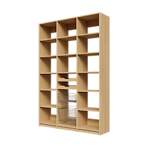 Two wood pull-out drawers and two pull-out wire baskets featured in 57 inch natural oak pantry shelving.