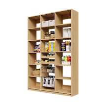 57 inch natural oak pantry shelving with two wood pull-out drawers and two pull-out wire baskets.
