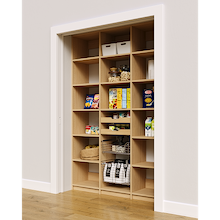 Natural oak 57 inch reach in pantry designed with a mixed drawer and basket storage section.