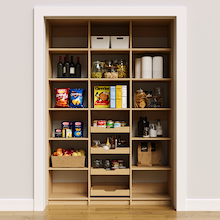 57 inch natural oak food storage shelves for grocery dry goods.