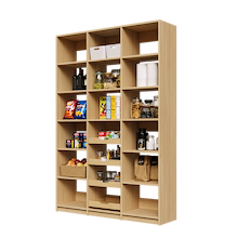 57 inch natural oak pantry shelving with four sliding wood drawers.