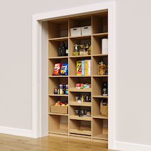 Natural oak 57 inch reach in pantry designed for kitchen use.