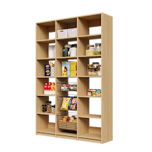 57 inch natural oak kitchen pantry storage with three sliding wire baskets.