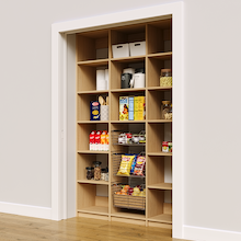 Natural oak 57 inch reach in pantry storage designed for kitchen use.