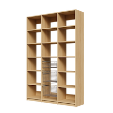 Three sliding wire baskets featured in 57 inch natural oak pantry shelving.