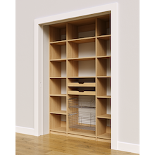 Two wood pull-out drawers and two pull-out wire baskets in a 60 inch natural oak pantry rack.