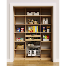 60 inch natural oak pantry shelves highlighting the two wood drawers and two pull-out wire baskets.