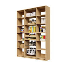 Natural Oak 60 inch pantry shelving with two wood pull-out drawers, two pull-out wire baskets, and adjustable shelves.