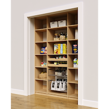 Reach in pantry shelving in natural oak with 60 inch width, two wood drawers, and two pull-out wire baskets.