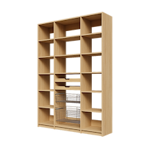 Two wood pull-out drawers and two pull-out wire baskets in a 60 inch natural oak reach-in pantry.