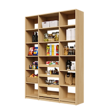 Natural Oak 60 inch pantry shelving with four wood pull-out drawers and adjustable shelves.