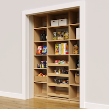 Reach in pantry shelving in natural oak with 60 inch storage capacity.