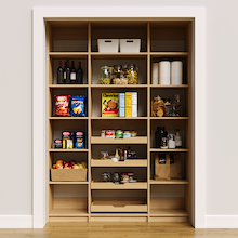 60 inch natural oak pantry shelves for organizing baking goods and cans.