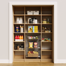 60 inch natural oak pantry shelves for organizing baking goods and cans.