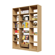 Natural Oak 60 inch pantry storage with three wire baskets and adjustable shelves.