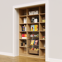 Reach in pantry shelves in natural oak with 60 inch storage capacity.