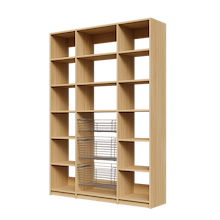 Three wire baskets in a 60 inch natural oak kitchen pantry.