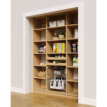 63 inch natural oak pantry shelving layout with two wood pull-out drawers and two pull-out wire baskets.