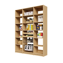 Natural Oak 63 inch kitchen pantry shelving with two wood pull-out drawers and two pull-out wire baskets.