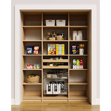 Natural oak 63 inch pantry racks with layered wood pull-out drawers and pull-out wire baskets.