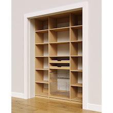 Open pantry shelving in natural oak with 63 inch width, two wood drawers, and two pull-out wire baskets.