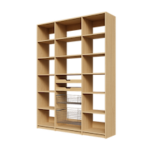 Two wood pull-out drawers and two pull-out wire baskets in a 63 inch natural oak pantry storage.