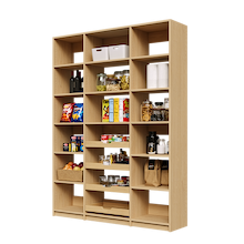 Natural Oak 63 inch kitchen pantry shelving with four sliding wood drawers.