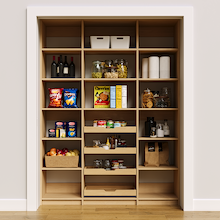 Natural oak 63 inch pantry racks with adjustable shelves for kitchen items.