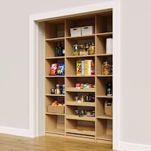 63 inch natural oak pantry shelving layout with four wood pull-out drawers.