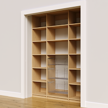 63 inch open pantry shelving in natural oak with three wire baskets.