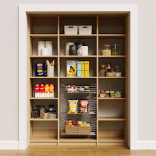 Natural oak 63 inch pantry racks for organizing dry goods and cans.