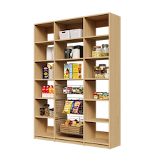 Natural Oak 63 inch kitchen pantry shelving with three sliding wire baskets.