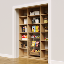 63 inch natural oak pantry storage layout with three pull-out wire baskets.